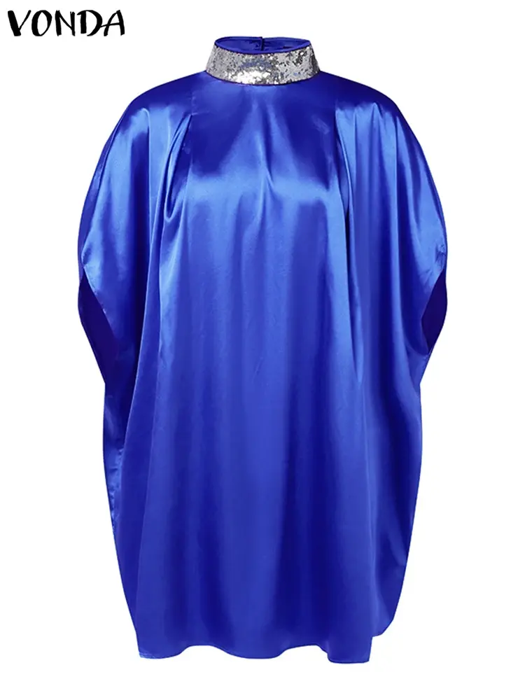 Plus Size 5XL VONDA Women Knee-Length Summer Dress 2025 Elegant Vestidos Casual Loose High Neck Sundress Oversized Solid Robe