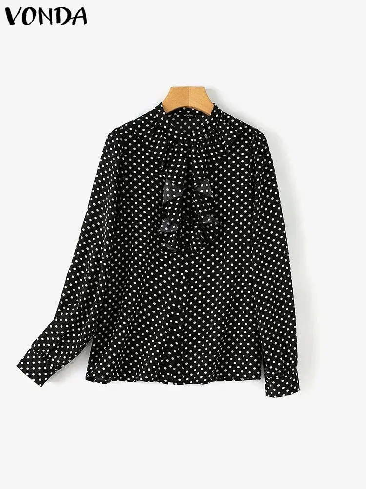 VONDA Women Bohemian Shirts 2025 Elegant Ruffle Blouse Polka Dot Tops Casual Stand Up Collar Blusas Long Sleeve Tunic