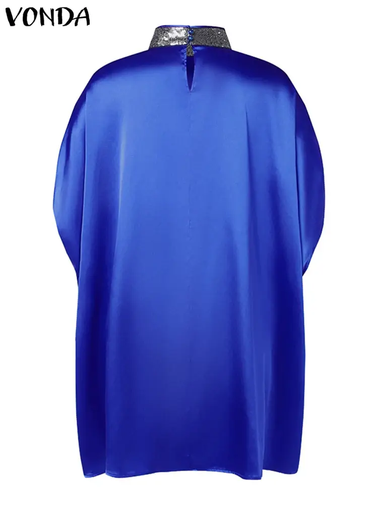 Plus Size 5XL VONDA Women Knee-Length Summer Dress 2025 Elegant Vestidos Casual Loose High Neck Sundress Oversized Solid Robe