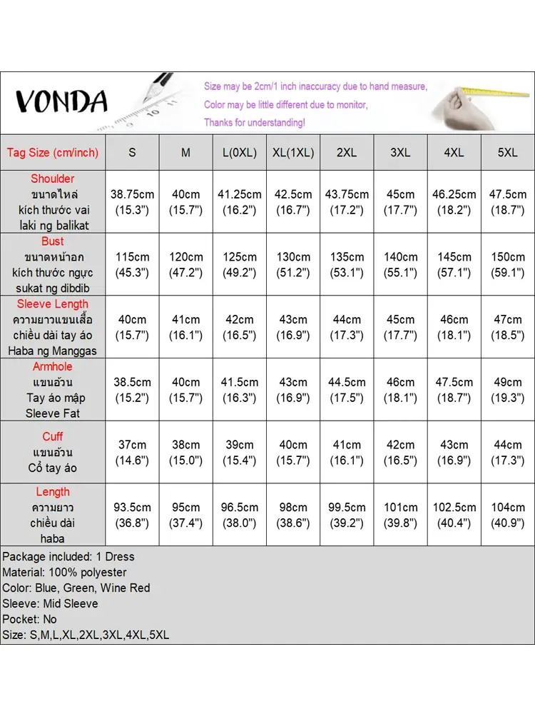 Plus Size 5XL VONDA Women Knee-Length Summer Dress 2025 Elegant Vestidos Casual Loose High Neck Sundress Oversized Solid Robe