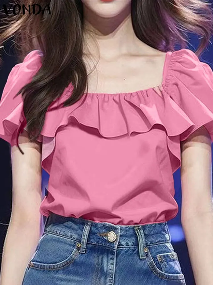 VONDA 2024 Women Shirts Fashion Ruffle Blouse Short Sleeve Solid Color Summer Tops Elegant Square Collar Casual Loose OL Blusas