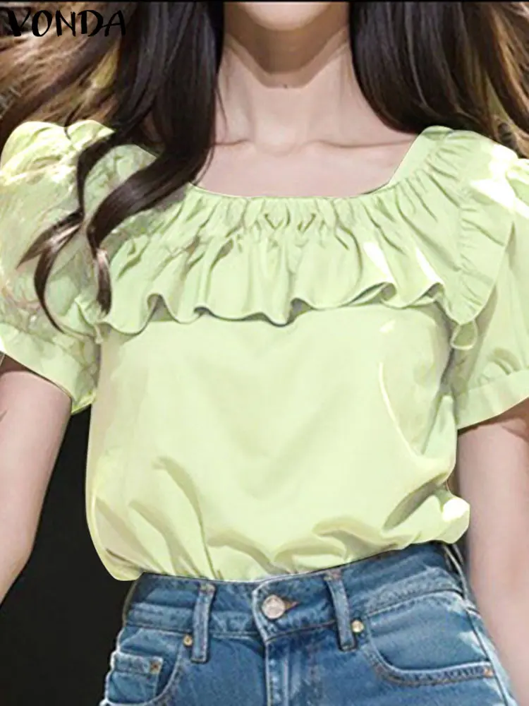 VONDA 2024 Women Shirts Fashion Ruffle Blouse Short Sleeve Solid Color Summer Tops Elegant Square Collar Casual Loose OL Blusas