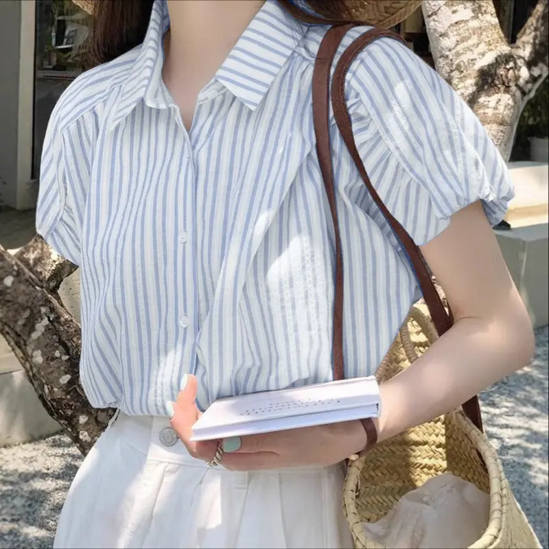 VONDA Women Fashion Shirts Short Puff Sleeve Striped Elegant Office Blouse Summer Tops 2025 Lapel Casual Loose Blusas Femininas