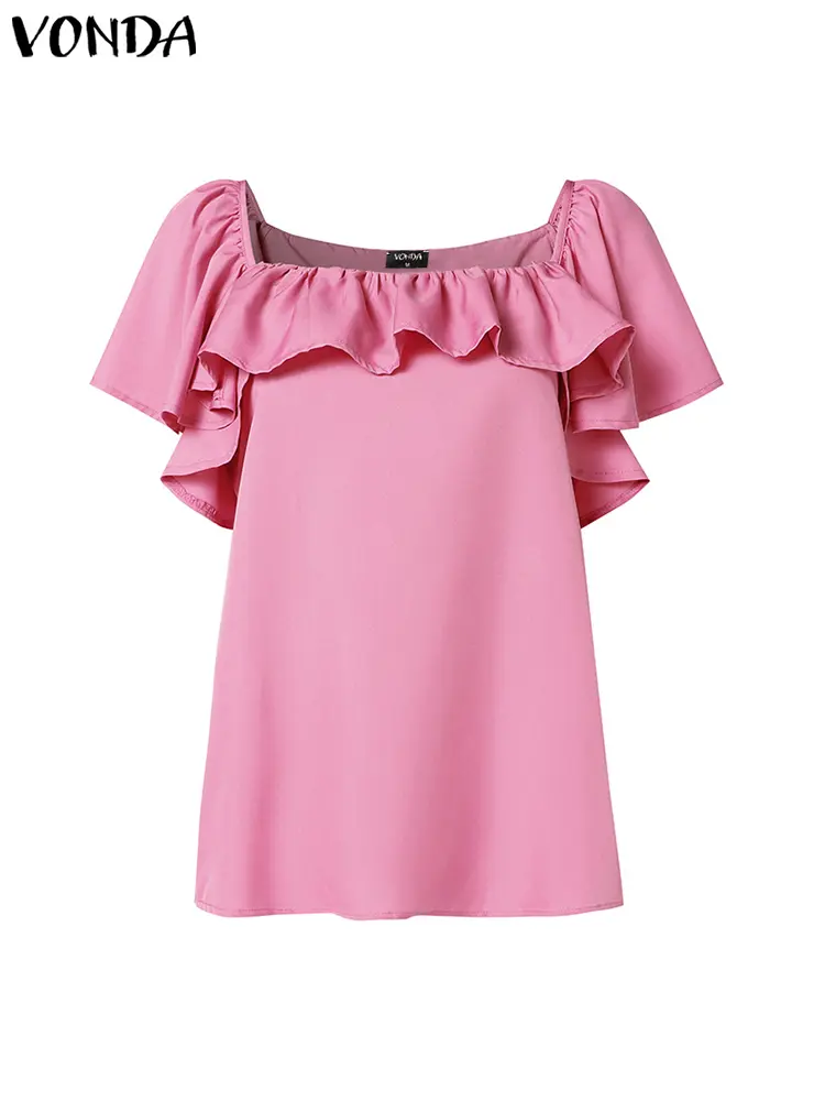 VONDA 2024 Women Shirts Fashion Ruffle Blouse Short Sleeve Solid Color Summer Tops Elegant Square Collar Casual Loose OL Blusas