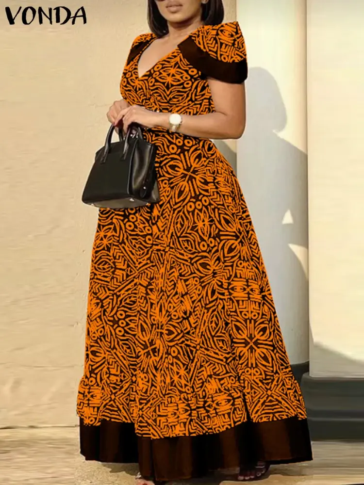 VONDA Vintage Printing Maxi Dress 2025 Summer Women Sundress Casual Loose Short Sleeve Robe Bohemian V-Neck Beach Party Vestidos