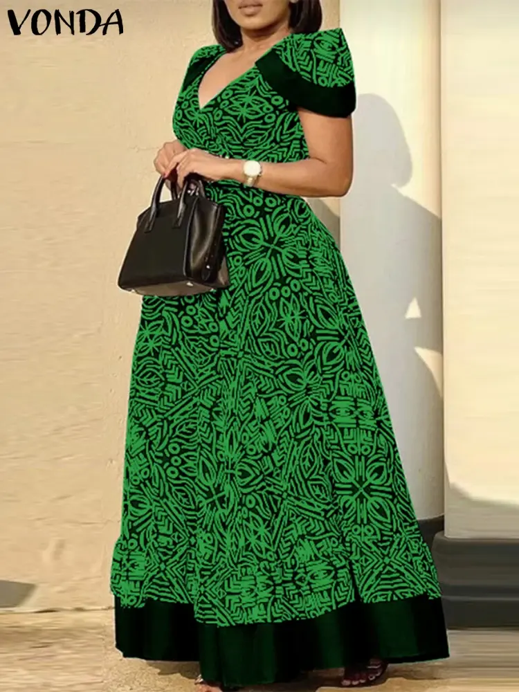 VONDA Vintage Printing Maxi Dress 2025 Summer Women Sundress Casual Loose Short Sleeve Robe Bohemian V-Neck Beach Party Vestidos