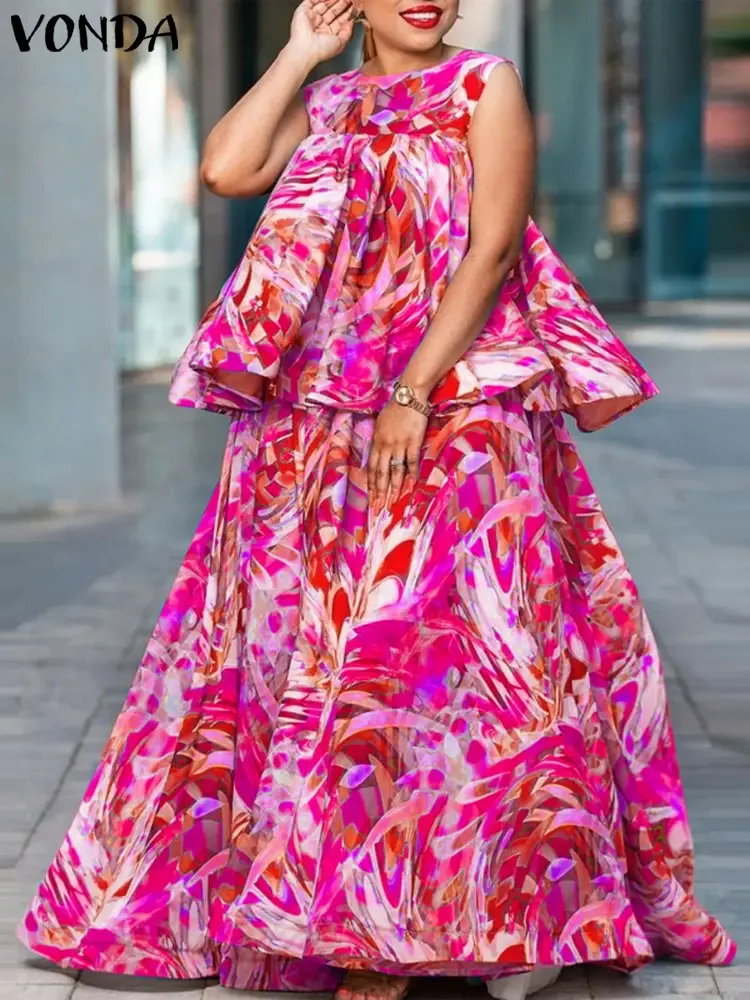 VONDA 2025 Summer Printing Women Bohemian Dress Sets Sleeveless Tops and Maxi Skirt Casual Sets 2PCS Loose Sets Oversized Robe