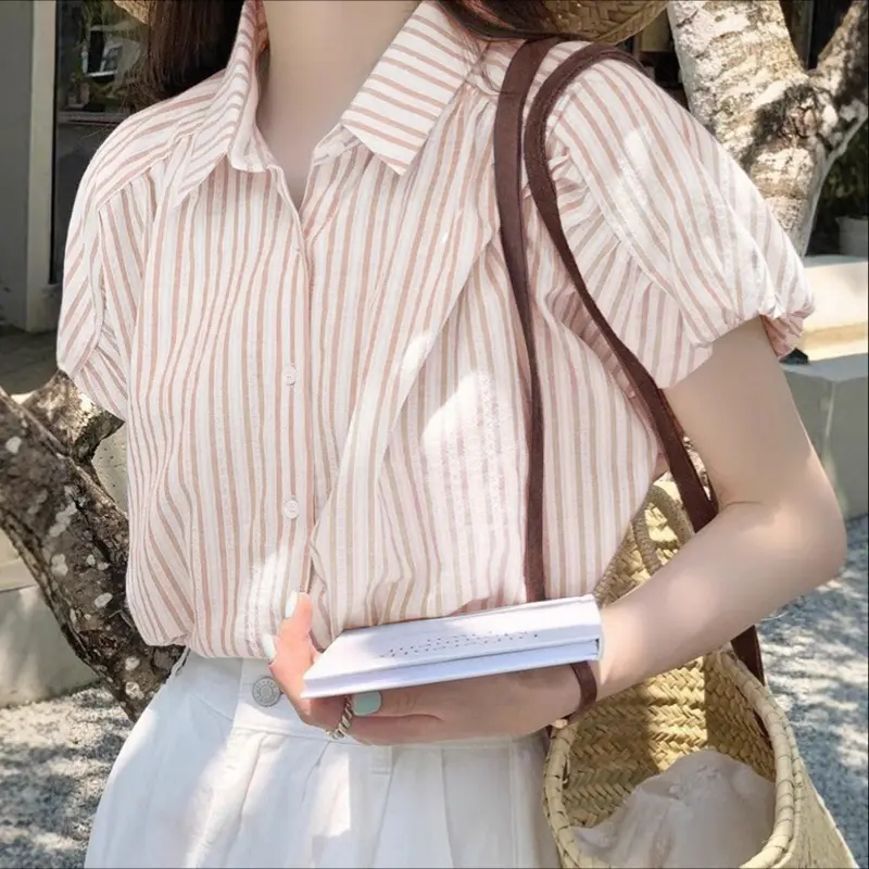 VONDA Women Fashion Shirts Short Puff Sleeve Striped Elegant Office Blouse Summer Tops 2025 Lapel Casual Loose Blusas Femininas