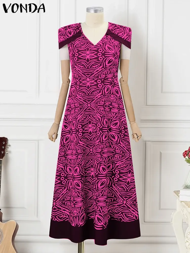 VONDA Vintage Printing Maxi Dress 2025 Summer Women Sundress Casual Loose Short Sleeve Robe Bohemian V-Neck Beach Party Vestidos