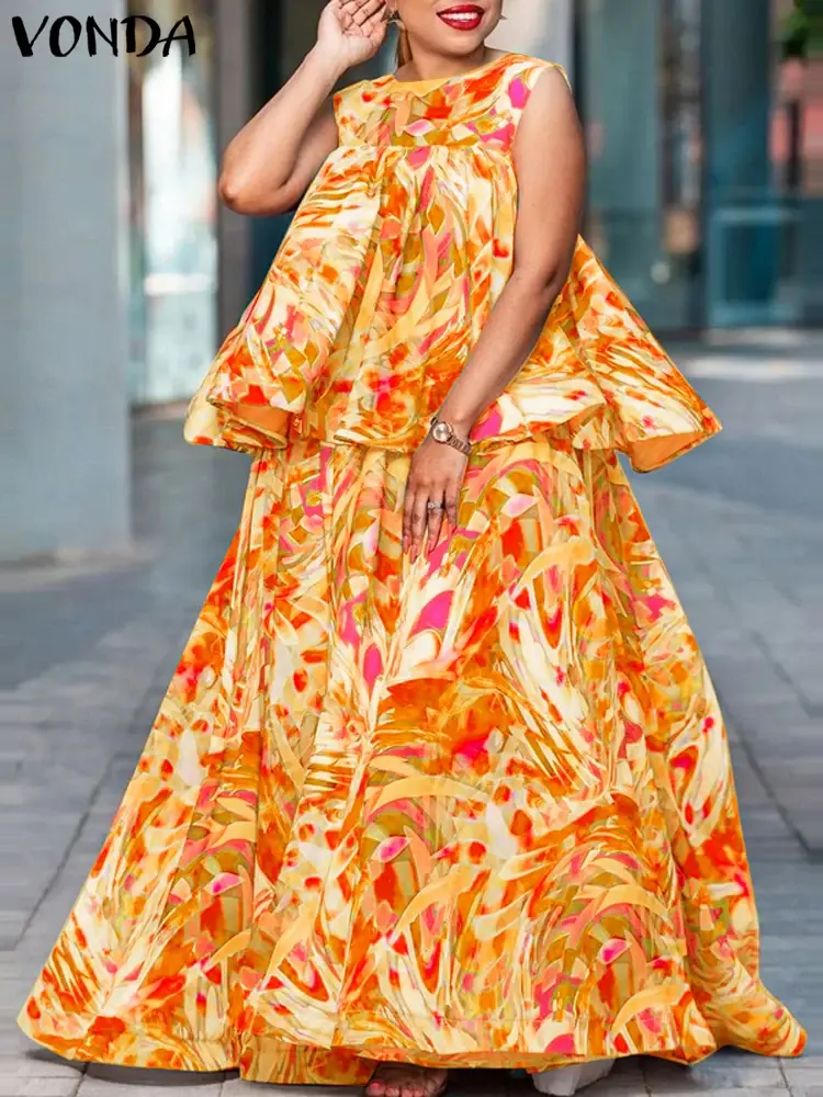VONDA 2025 Summer Printing Women Bohemian Dress Sets Sleeveless Tops and Maxi Skirt Casual Sets 2PCS Loose Sets Oversized Robe