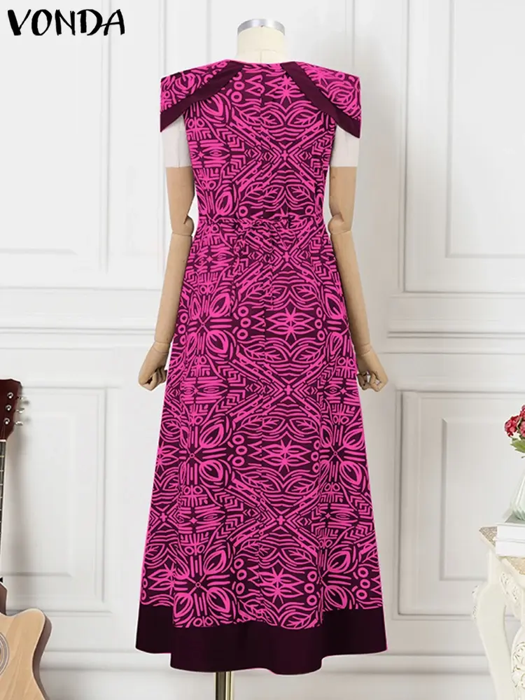 VONDA Vintage Printing Maxi Dress 2025 Summer Women Sundress Casual Loose Short Sleeve Robe Bohemian V-Neck Beach Party Vestidos