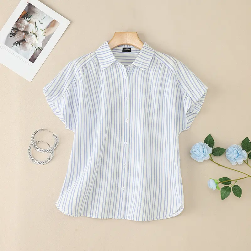 VONDA Women Fashion Shirts Short Puff Sleeve Striped Elegant Office Blouse Summer Tops 2025 Lapel Casual Loose Blusas Femininas