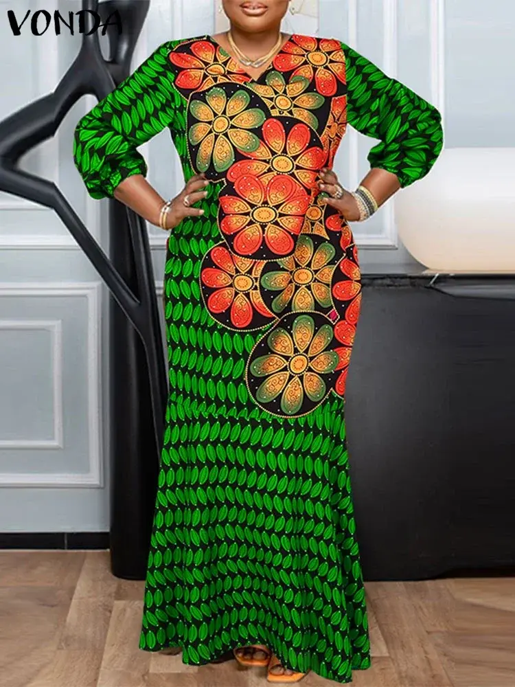 VONDA 2025 Summer Floral Printed Maxi Dress Women Puff Sleeve V Neck Patchwork Fishtail Long Vestidos Oversized Party Sundress