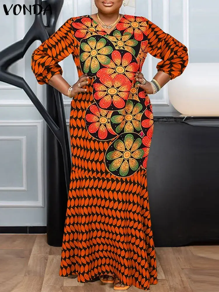 VONDA 2025 Summer Floral Printed Maxi Dress Women Puff Sleeve V Neck Patchwork Fishtail Long Vestidos Oversized Party Sundress