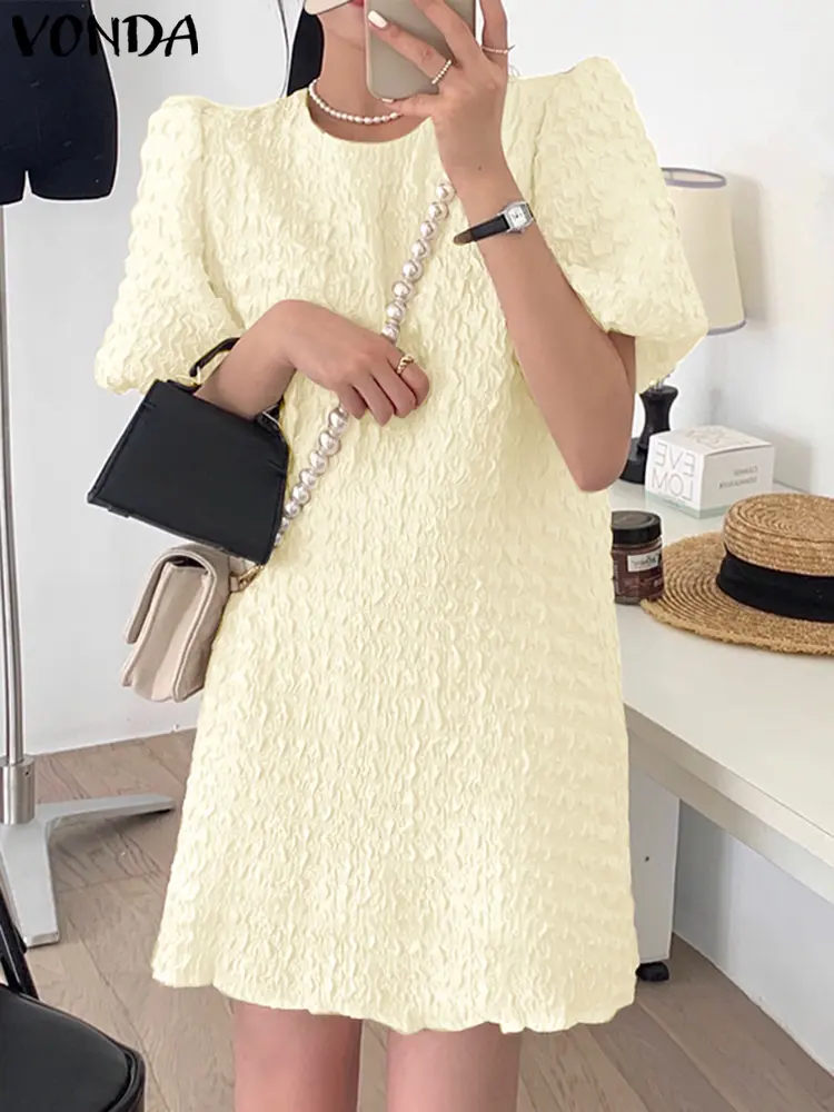 VONDA Sexy Mini Dress Women Summer Short Sleeve Sundress 2025 Fashion Puff Sleeve Solid Color Party Vestidos Casual Loose Robe