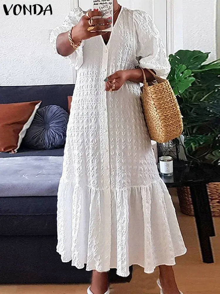 VONDA 2025 Summer Women Maxi Dress Party Sundress Casual Loose Solid Color Elegant Vestidos Sexy V Neck Puff Sleeve Robe Femme