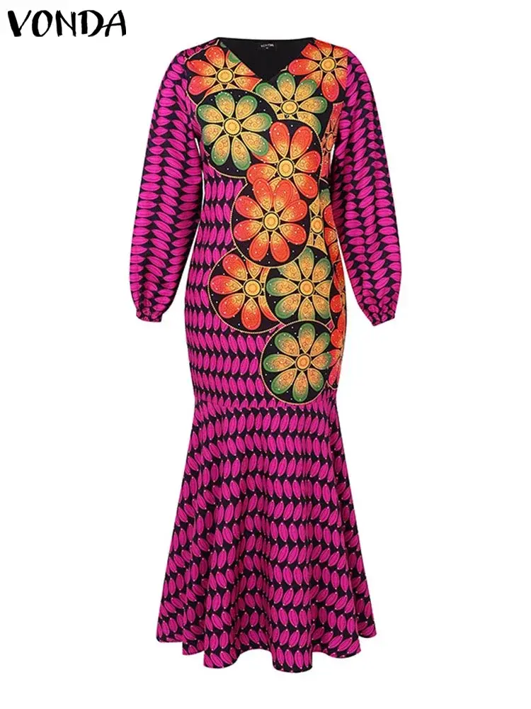 VONDA 2025 Summer Floral Printed Maxi Dress Women Puff Sleeve V Neck Patchwork Fishtail Long Vestidos Oversized Party Sundress