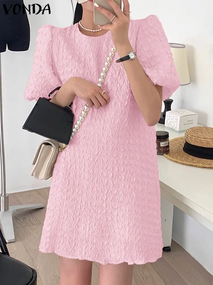 VONDA Sexy Mini Dress Women Summer Short Sleeve Sundress 2025 Fashion Puff Sleeve Solid Color Party Vestidos Casual Loose Robe