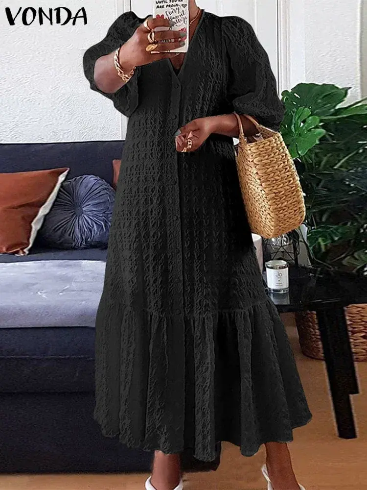VONDA 2025 Summer Women Maxi Dress Party Sundress Casual Loose Solid Color Elegant Vestidos Sexy V Neck Puff Sleeve Robe Femme