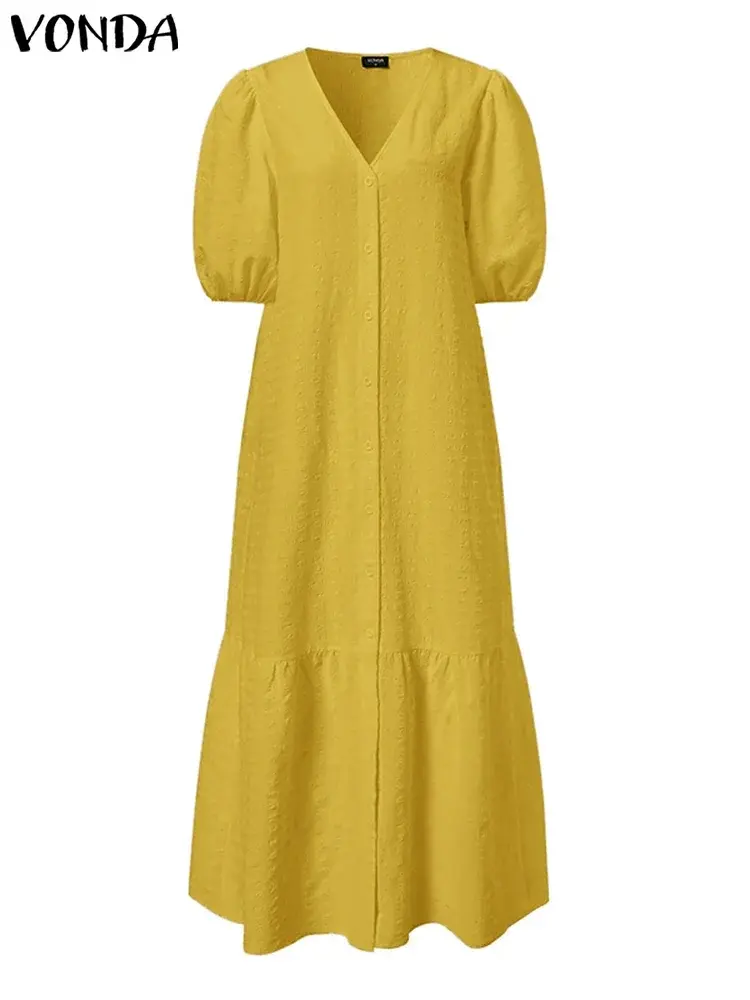 VONDA 2025 Summer Women Maxi Dress Party Sundress Casual Loose Solid Color Elegant Vestidos Sexy V Neck Puff Sleeve Robe Femme