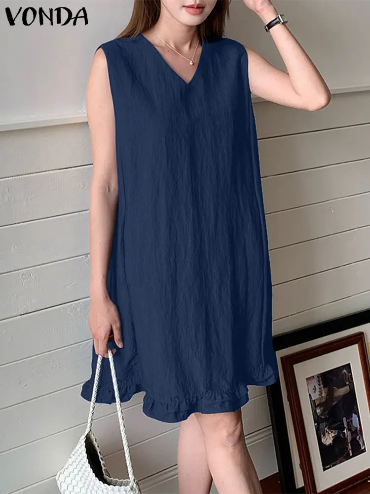 2025 VONDA Summer Mini Dresses Women Sexy V-Neck Solid Ruffled Sundress Casual Sleeveless Elegant Office Party Vestidos Oversize