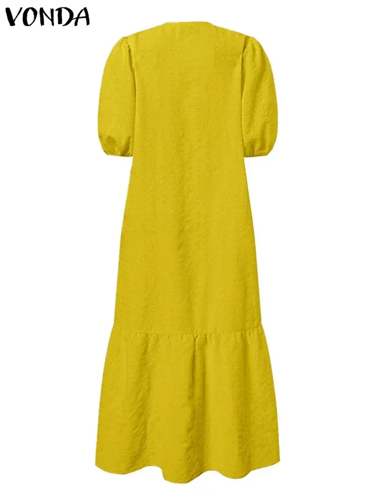VONDA 2025 Summer Women Maxi Dress Party Sundress Casual Loose Solid Color Elegant Vestidos Sexy V Neck Puff Sleeve Robe Femme
