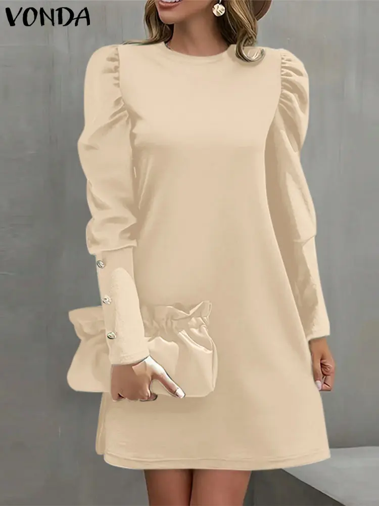 VONDA Elegant A-Line Mini Dress Casual Loose Solid Color Sundress 2025 Round Neck Long Lantern Sleeve Vestidos Robe Oversized