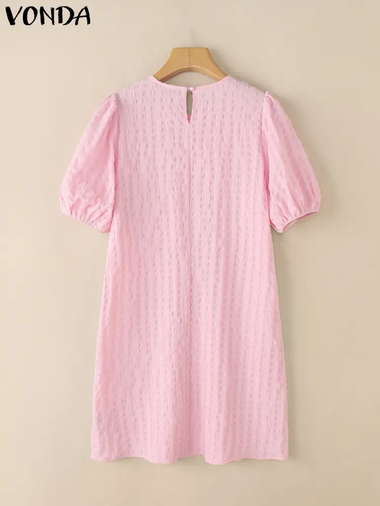VONDA Sexy Mini Dress Women Summer Short Sleeve Sundress 2025 Fashion Puff Sleeve Solid Color Party Vestidos Casual Loose Robe