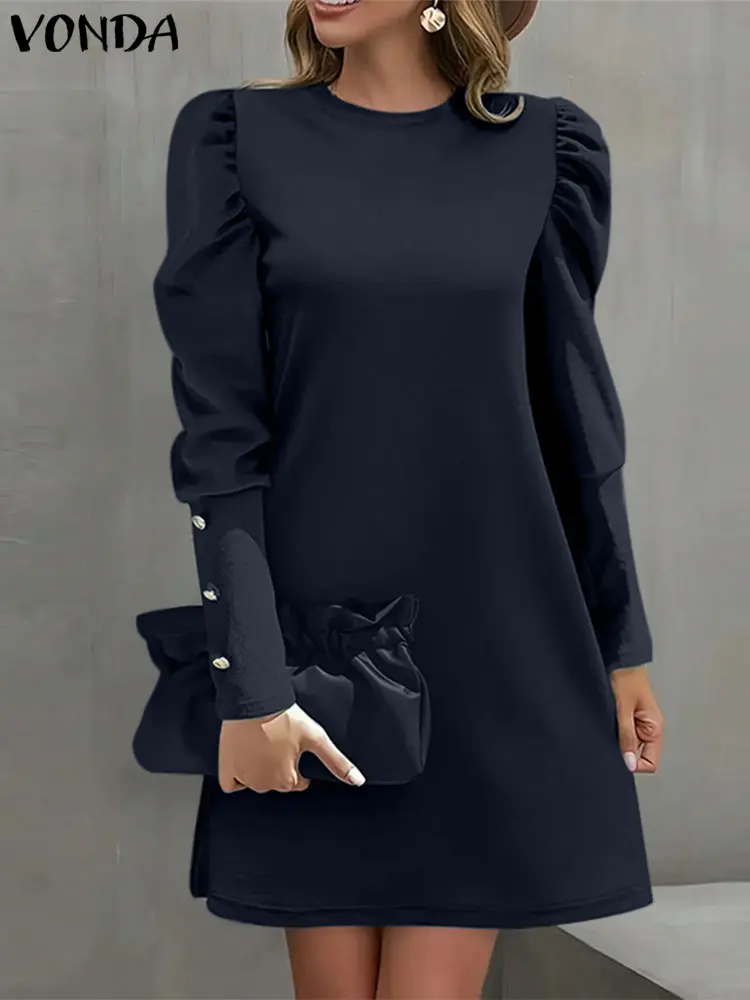 VONDA Elegant A-Line Mini Dress Casual Loose Solid Color Sundress 2025 Round Neck Long Lantern Sleeve Vestidos Robe Oversized
