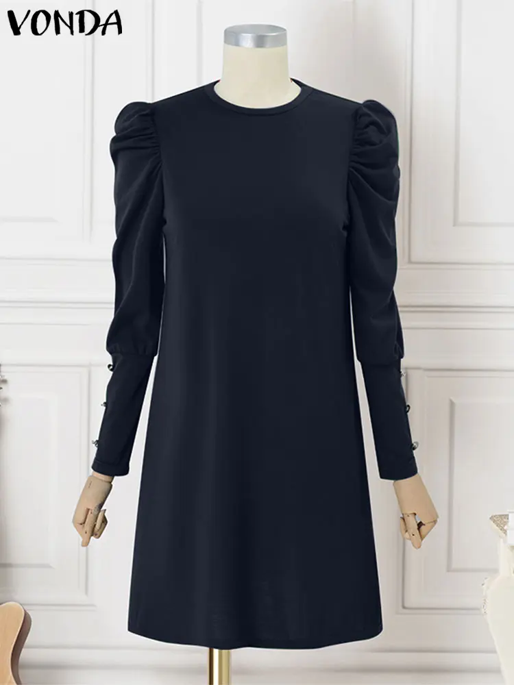 VONDA Elegant A-Line Mini Dress Casual Loose Solid Color Sundress 2025 Round Neck Long Lantern Sleeve Vestidos Robe Oversized
