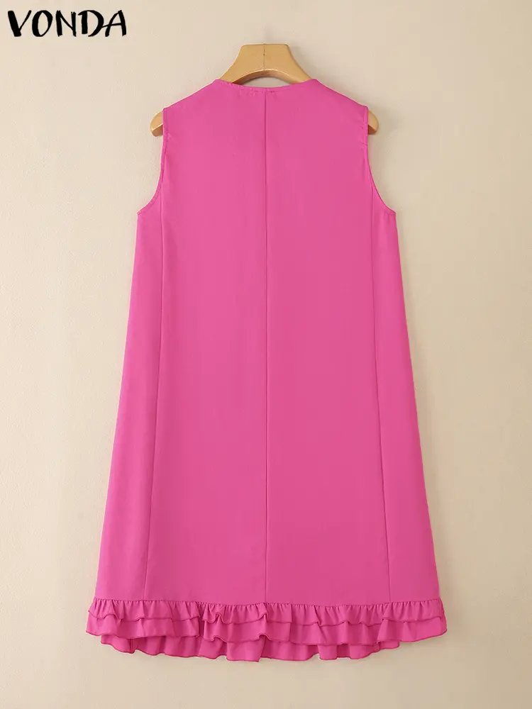 2025 VONDA Summer Mini Dresses Women Sexy V-Neck Solid Ruffled Sundress Casual Sleeveless Elegant Office Party Vestidos Oversize