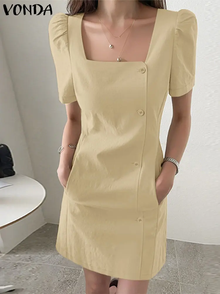 VONDA Women Mini Dress 2025 Summer Vestidos Casual Short Puff Sleeve Square Collar Solid Sundress Pockets Buttons Oversized Robe