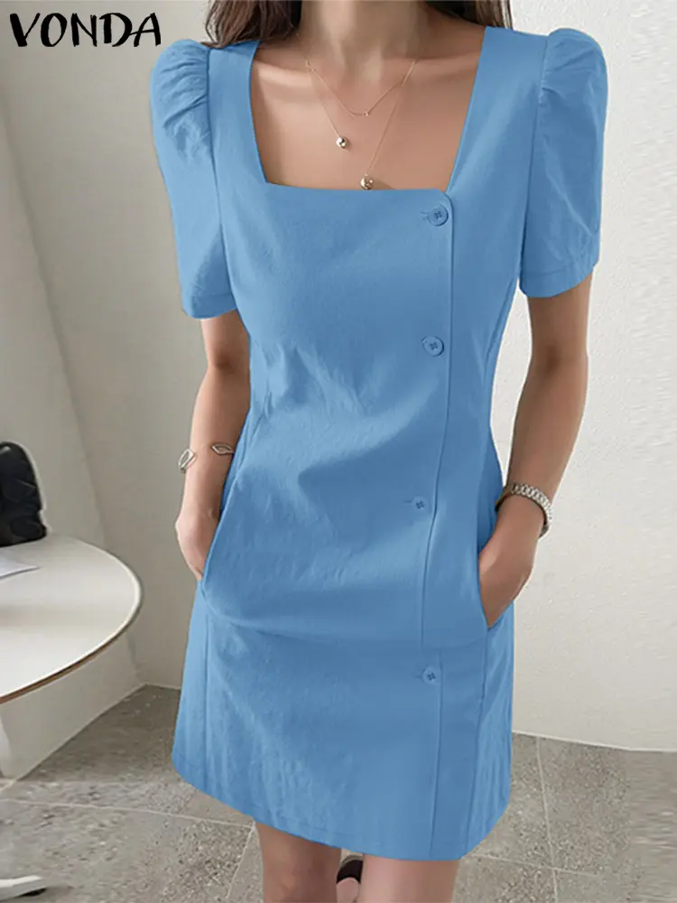 VONDA Women Mini Dress 2025 Summer Vestidos Casual Short Puff Sleeve Square Collar Solid Sundress Pockets Buttons Oversized Robe