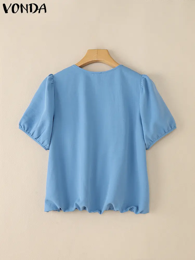 VONDA 2025 SummerFashion  Short Sleeve Blouses Women Tunic Tops Bandage O-Neck Casual Solid Loose Elegant Korean Sweet Blusas