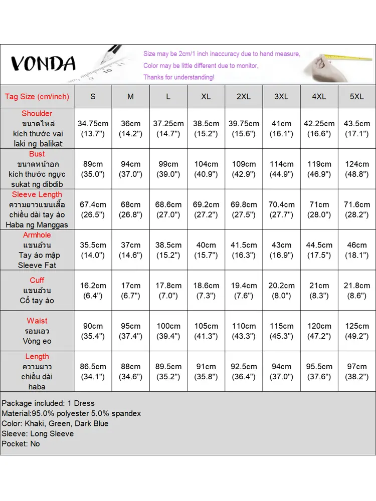 VONDA Elegant A-Line Mini Dress Casual Loose Solid Color Sundress 2025 Round Neck Long Lantern Sleeve Vestidos Robe Oversized