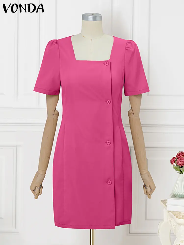 VONDA Women Mini Dress 2025 Summer Vestidos Casual Short Puff Sleeve Square Collar Solid Sundress Pockets Buttons Oversized Robe