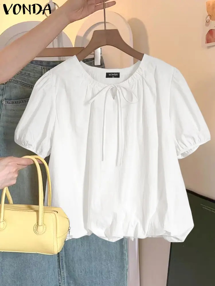 VONDA 2025 SummerFashion  Short Sleeve Blouses Women Tunic Tops Bandage O-Neck Casual Solid Loose Elegant Korean Sweet Blusas