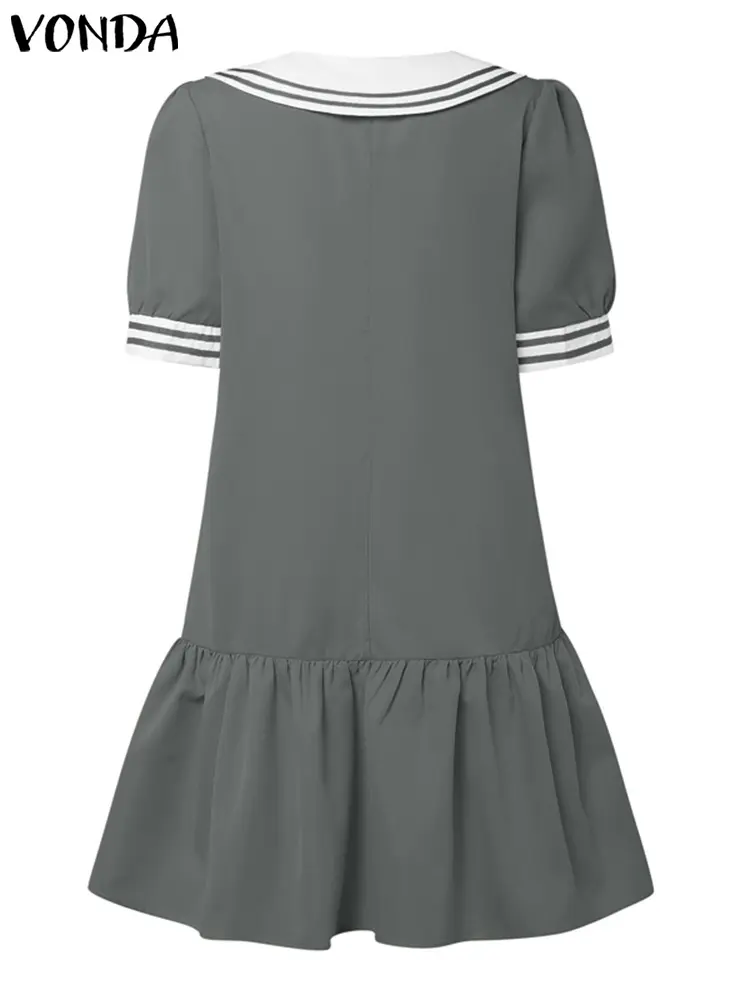 VONDA Solid ColorDress Women 2025 Summer Bohemian Ruffled Vestidos Peter Pan Collar Bow Sundress Beach Casual Loose Robe