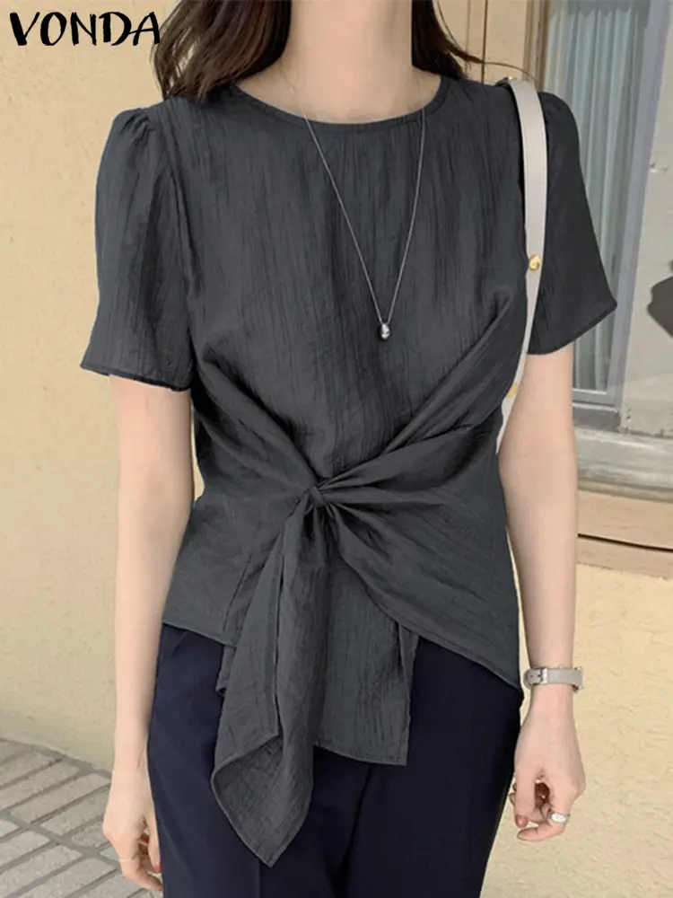 VONDA Fashion Women Sweet Blouses 2025 Summer Tops Short Sleeve Solid Pleated Shirts Casual Loose Round Neck Korean Blusas Femme
