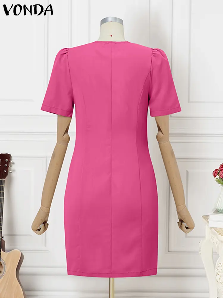 VONDA Women Mini Dress 2025 Summer Vestidos Casual Short Puff Sleeve Square Collar Solid Sundress Pockets Buttons Oversized Robe