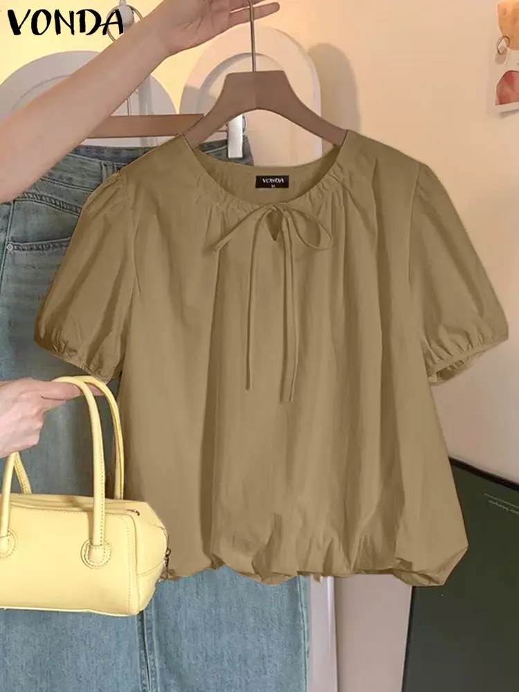 VONDA 2025 SummerFashion  Short Sleeve Blouses Women Tunic Tops Bandage O-Neck Casual Solid Loose Elegant Korean Sweet Blusas