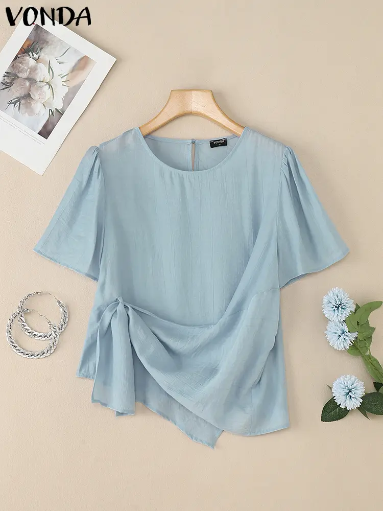 VONDA Fashion Women Sweet Blouses 2025 Summer Tops Short Sleeve Solid Pleated Shirts Casual Loose Round Neck Korean Blusas Femme