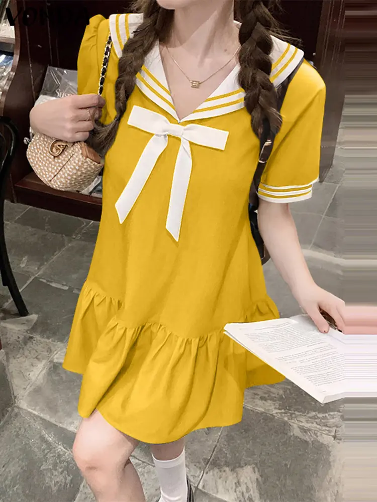 VONDA Solid ColorDress Women 2025 Summer Bohemian Ruffled Vestidos Peter Pan Collar Bow Sundress Beach Casual Loose Robe