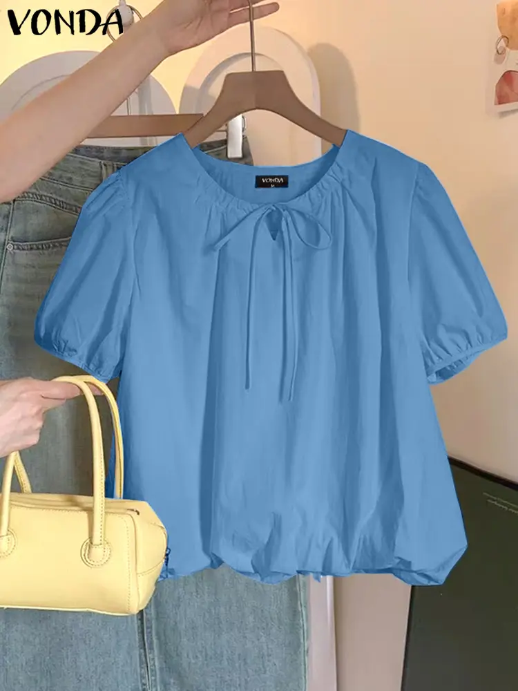VONDA 2025 SummerFashion  Short Sleeve Blouses Women Tunic Tops Bandage O-Neck Casual Solid Loose Elegant Korean Sweet Blusas