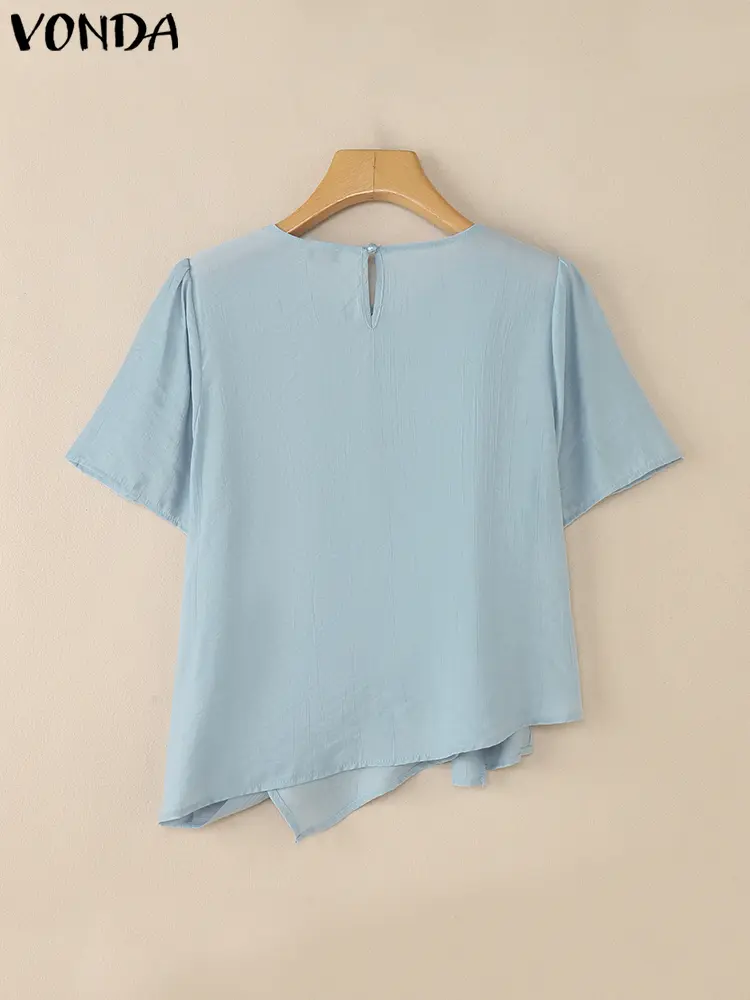 VONDA Fashion Women Sweet Blouses 2025 Summer Tops Short Sleeve Solid Pleated Shirts Casual Loose Round Neck Korean Blusas Femme