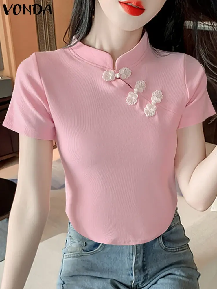 VONDA Chinese Style Women Blouse Short Sleeve Solid Tops 2025 Summer Korean Shirts Tunic Half High Collar Elegant Casual Blusas