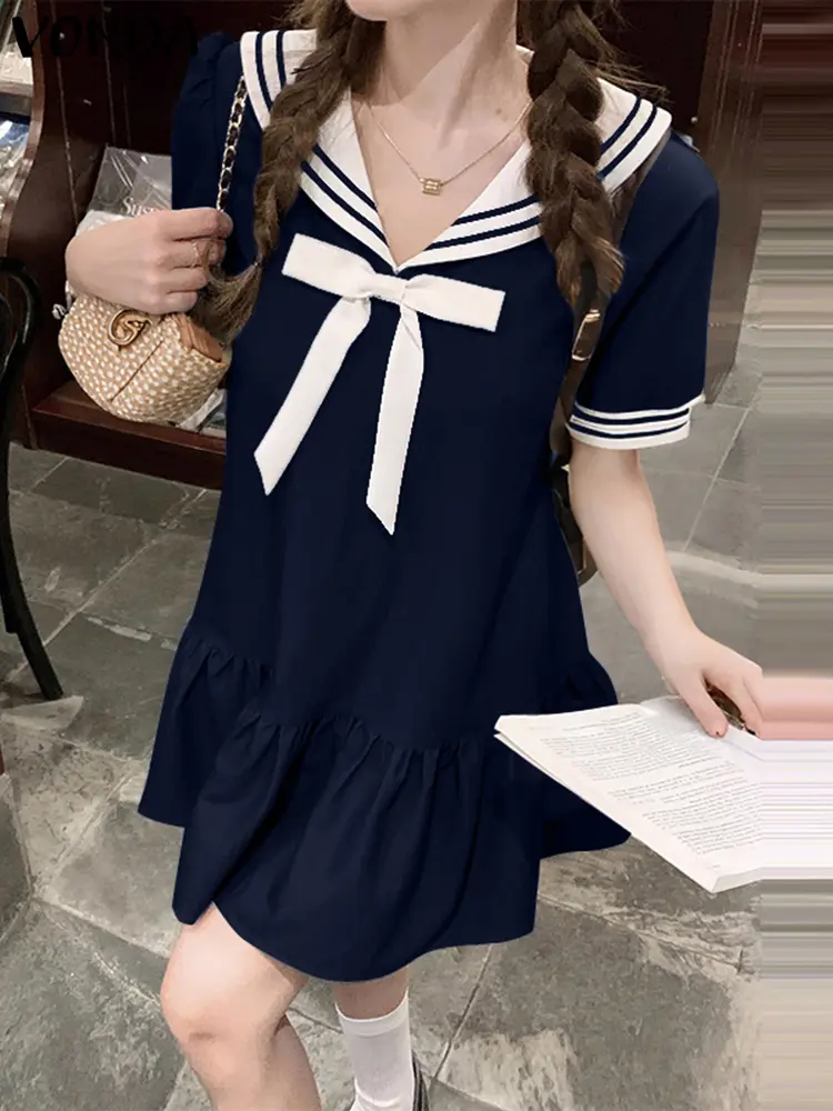 VONDA Solid ColorDress Women 2025 Summer Bohemian Ruffled Vestidos Peter Pan Collar Bow Sundress Beach Casual Loose Robe