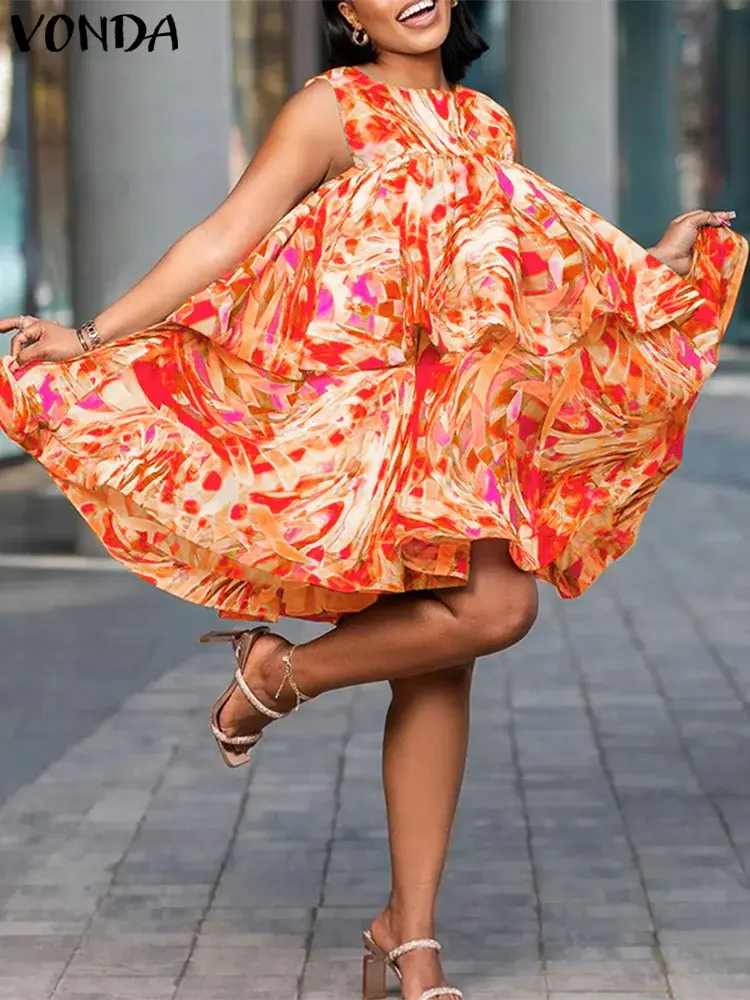 VONDA 2025 Summer Vestidos Women Beach Style Printed Mini Dress Casual Sleeveless Ruffled Short Sundress Elegant Robe Oversized