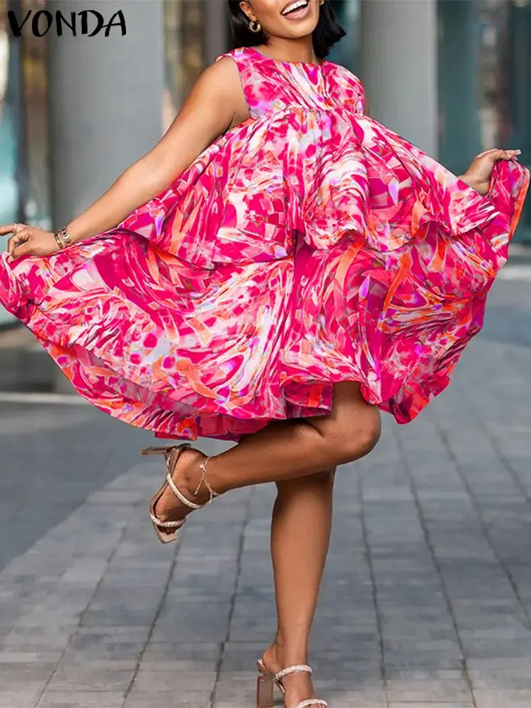 VONDA 2025 Summer Vestidos Women Beach Style Printed Mini Dress Casual Sleeveless Ruffled Short Sundress Elegant Robe Oversized