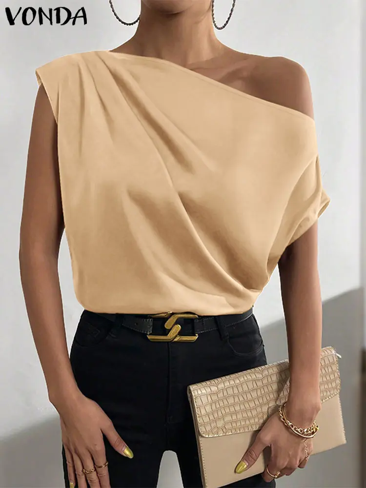 VONDA Elegant Office Lady Blouse Women Satin Silk Shirts 2025 Summer Off Shoulder Solid Tunic Tops Short Sleeve Pleated Blusas